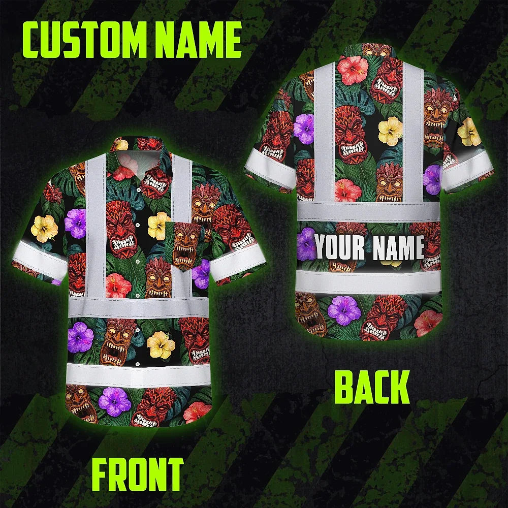 Hi Vis Hawaiian Shirt Reflective Tapes Green And Flower Tiki Custom Name Safety Workwear For Workers, Truckers, Operators