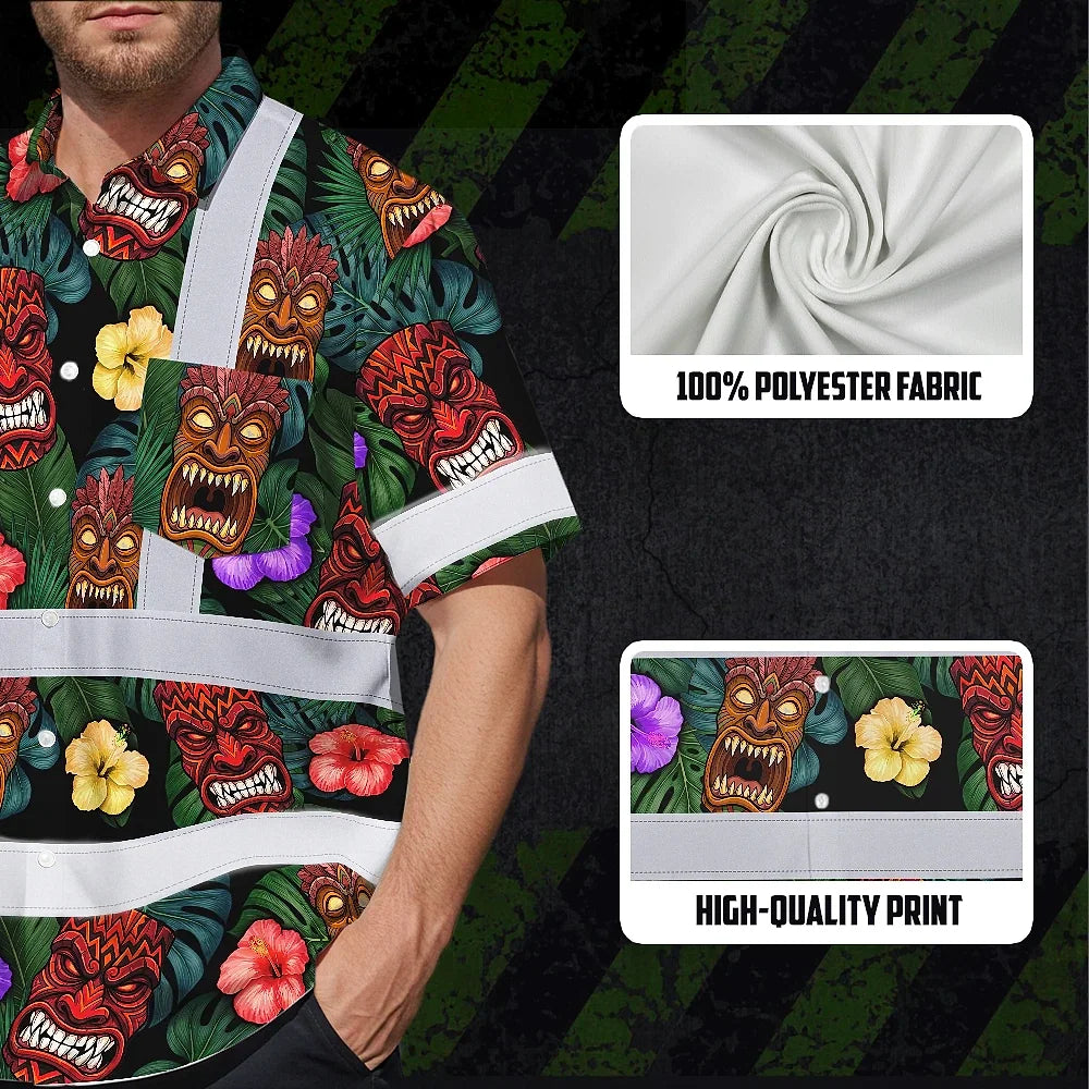 Hi Vis Hawaiian Shirt Reflective Tapes Green And Flower Tiki Custom Name Safety Workwear For Workers, Truckers, Operators
