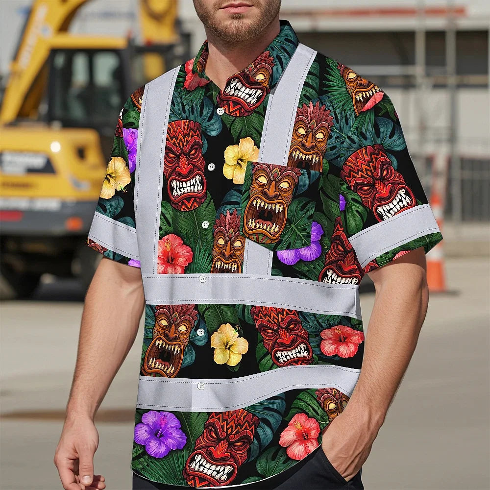 Hi Vis Hawaiian Shirt Reflective Tapes Green And Flower Tiki Custom Name Safety Workwear For Workers, Truckers, Operators