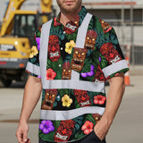 Hi Vis Hawaiian Shirt Reflective Tapes Green And Flower Tiki Custom Name Safety Workwear For Workers, Truckers, Operators