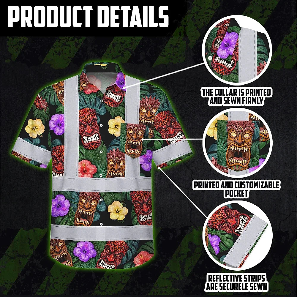 Hi Vis Hawaiian Shirt Reflective Tapes Green And Flower Tiki Custom Name Safety Workwear For Workers, Truckers, Operators