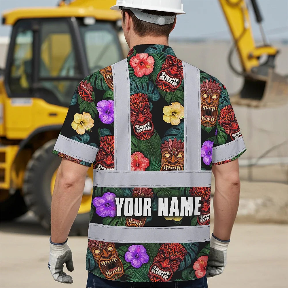 Hi Vis Hawaiian Shirt Reflective Tapes Green And Flower Tiki Custom Name Safety Workwear For Workers, Truckers, Operators