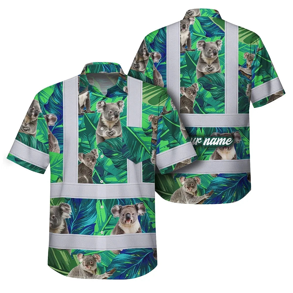 Hi Vis Hawaiian Shirt Reflective Tapes Green And Koala Custom Name Safety Workwear For Workers, Truckers, Operators, Company