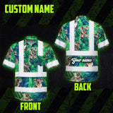 Hi Vis Hawaiian Shirt Reflective Tapes Green And Koala Custom Name Safety Workwear For Workers, Truckers, Operators, Company