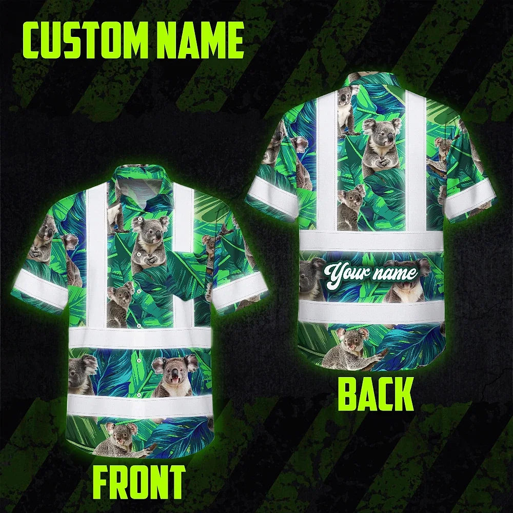 Hi Vis Hawaiian Shirt Reflective Tapes Green And Koala Custom Name Safety Workwear For Workers, Truckers, Operators, Company