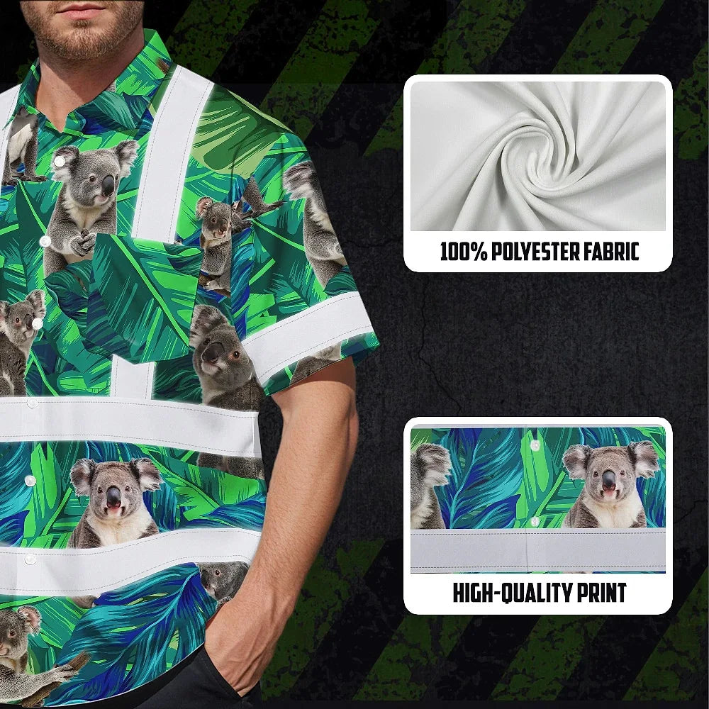 Hi Vis Hawaiian Shirt Reflective Tapes Green And Koala Custom Name Safety Workwear For Workers, Truckers, Operators, Company