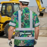 Hi Vis Hawaiian Shirt Reflective Tapes Green And Koala Custom Name Safety Workwear For Workers, Truckers, Operators, Company