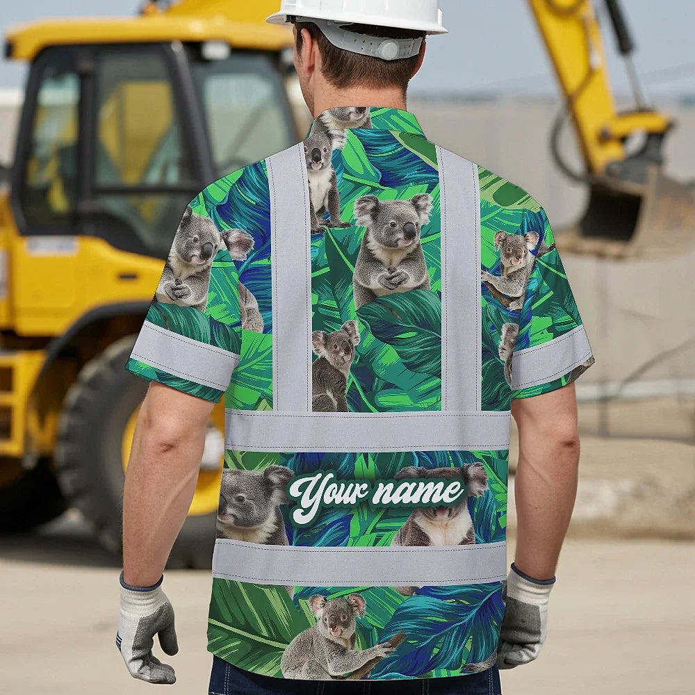 Hi Vis Hawaiian Shirt Reflective Tapes Green And Koala Custom Name Safety Workwear For Workers, Truckers, Operators, Company