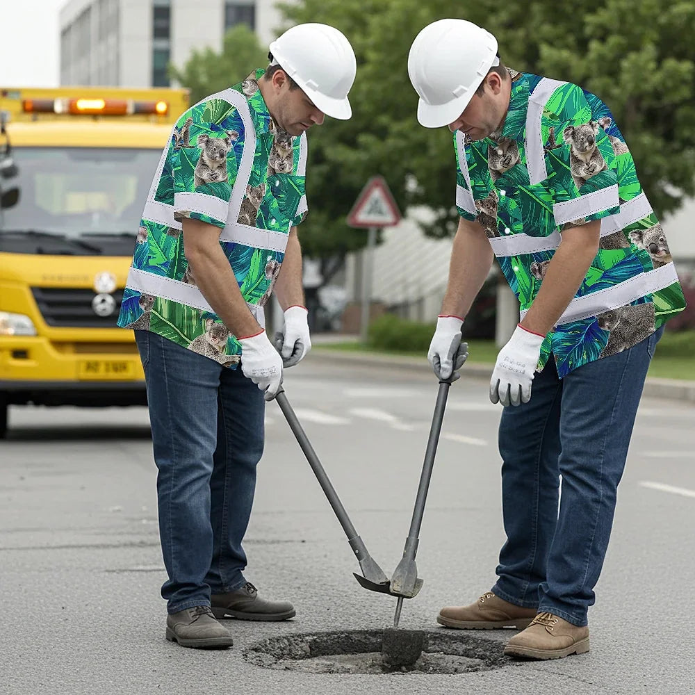 Hi Vis Hawaiian Shirt Reflective Tapes Green And Koala Custom Name Safety Workwear For Workers, Truckers, Operators, Company