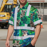 Hi Vis Hawaiian Shirt Reflective Tapes Green And Koala Custom Name Safety Workwear For Workers, Truckers, Operators, Company