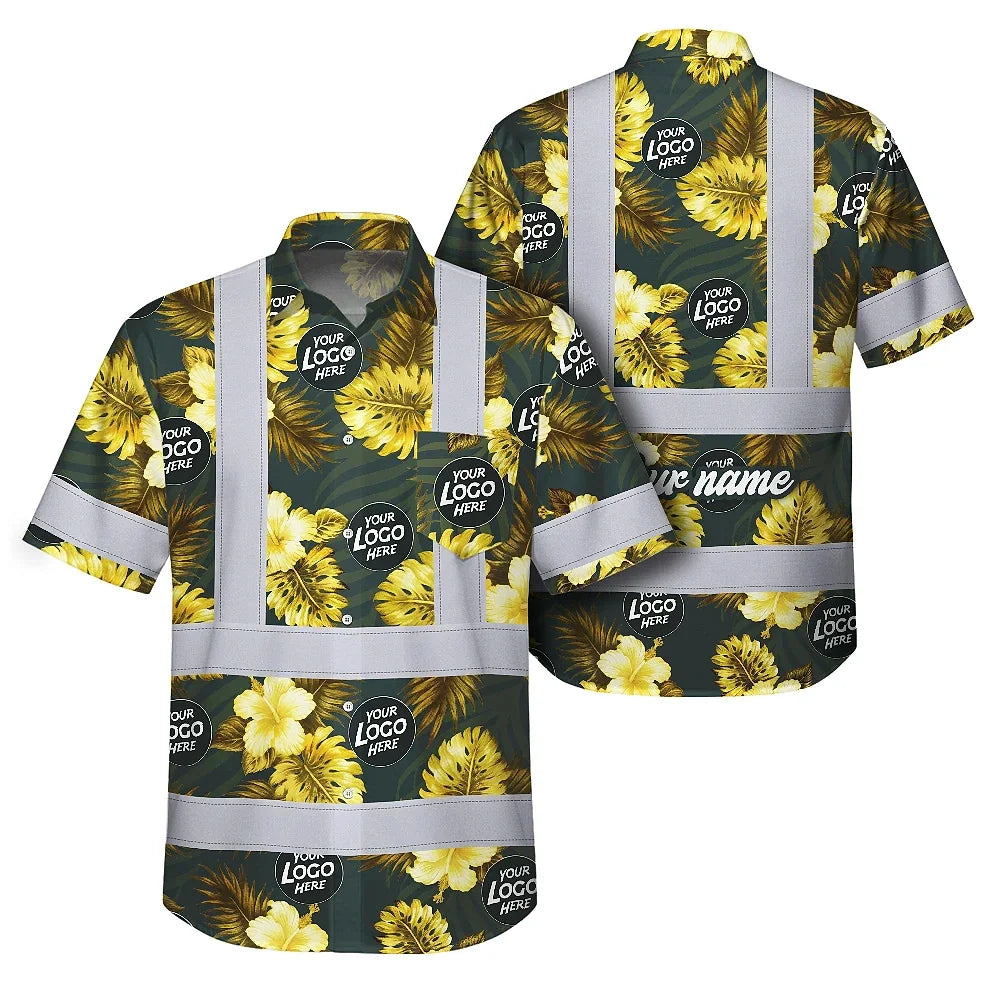 Hi Vis Hawaiian Shirt Reflective Tapes Green And Yellow Flowers Custom Name And Logo Safety Workwear For Workers, Truckers, Operators, Company