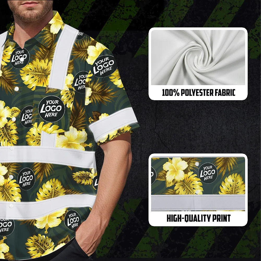 Hi Vis Hawaiian Shirt Reflective Tapes Green And Yellow Flowers Custom Name And Logo Safety Workwear For Workers, Truckers, Operators, Company