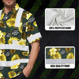 Hi Vis Hawaiian Shirt Reflective Tapes Green And Yellow Flowers Custom Name And Logo Safety Workwear For Workers, Truckers, Operators, Company