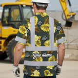 Hi Vis Hawaiian Shirt Reflective Tapes Green And Yellow Flowers Custom Name And Logo Safety Workwear For Workers, Truckers, Operators, Company