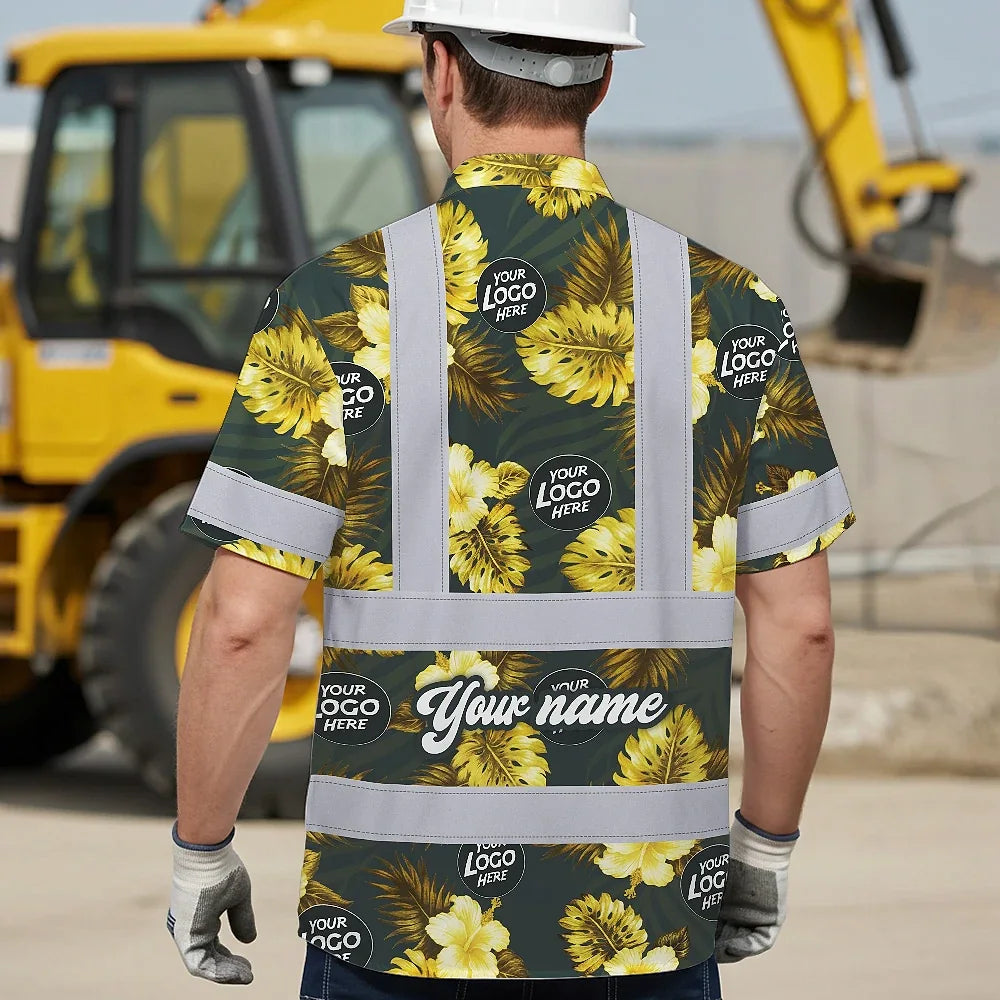 Hi Vis Hawaiian Shirt Reflective Tapes Green And Yellow Flowers Custom Name And Logo Safety Workwear For Workers, Truckers, Operators, Company