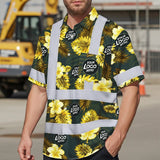 Hi Vis Hawaiian Shirt Reflective Tapes Green And Yellow Flowers Custom Name And Logo Safety Workwear For Workers, Truckers, Operators, Company