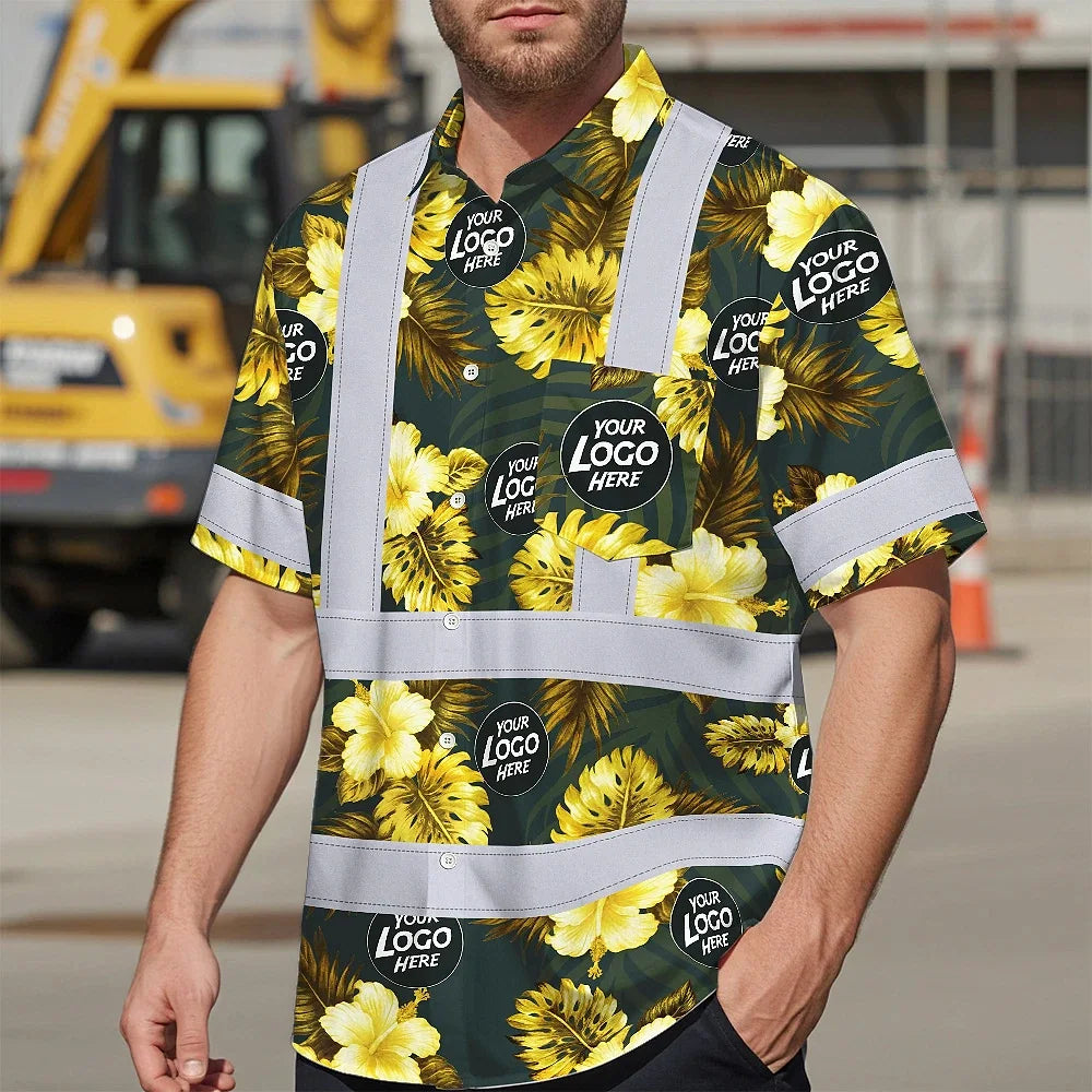 Hi Vis Hawaiian Shirt Reflective Tapes Green And Yellow Flowers Custom Name And Logo Safety Workwear For Workers, Truckers, Operators, Company