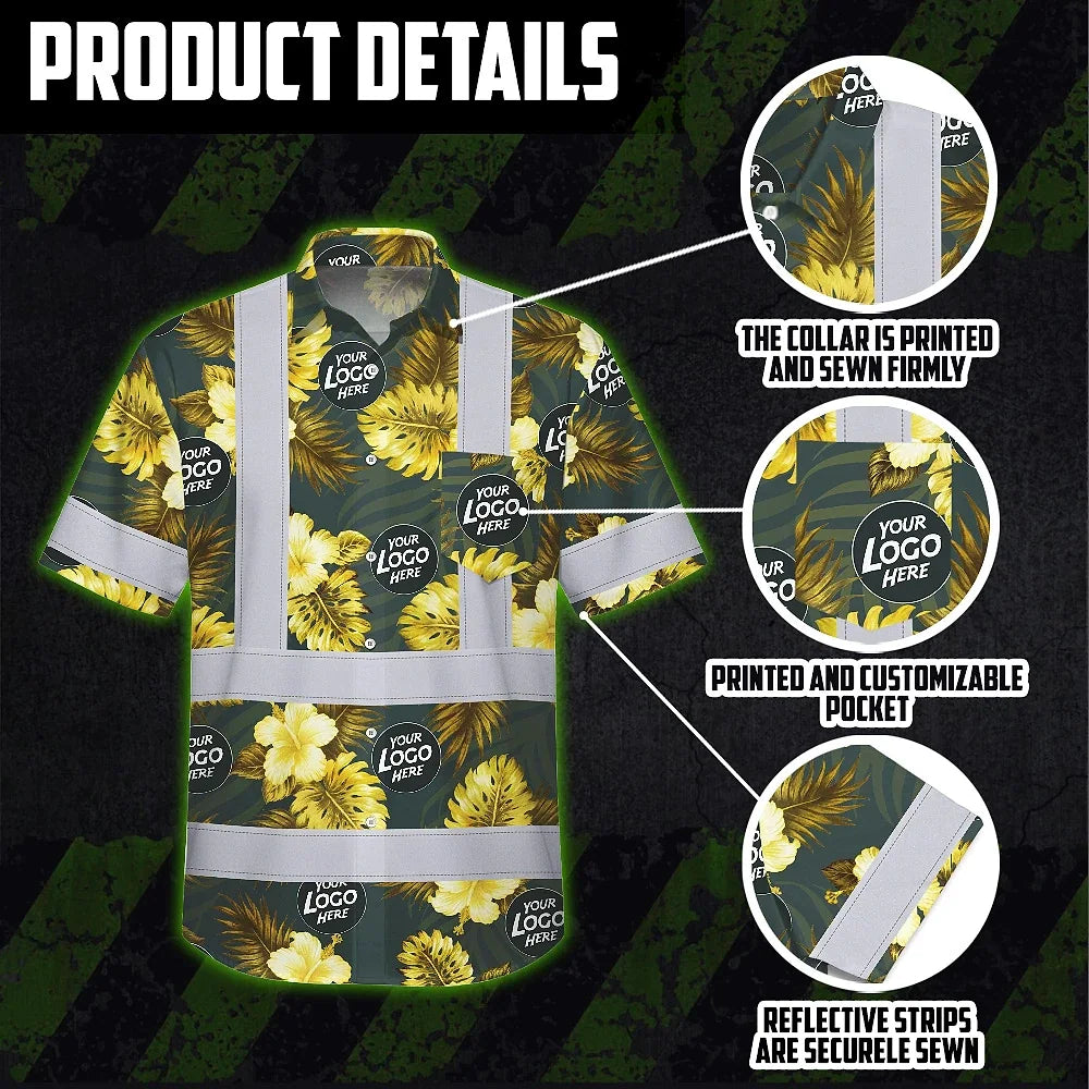 Hi Vis Hawaiian Shirt Reflective Tapes Green And Yellow Flowers Custom Name And Logo Safety Workwear For Workers, Truckers, Operators, Company