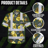 Hi Vis Hawaiian Shirt Reflective Tapes Green And Yellow Flowers Custom Name And Logo Safety Workwear For Workers, Truckers, Operators, Company