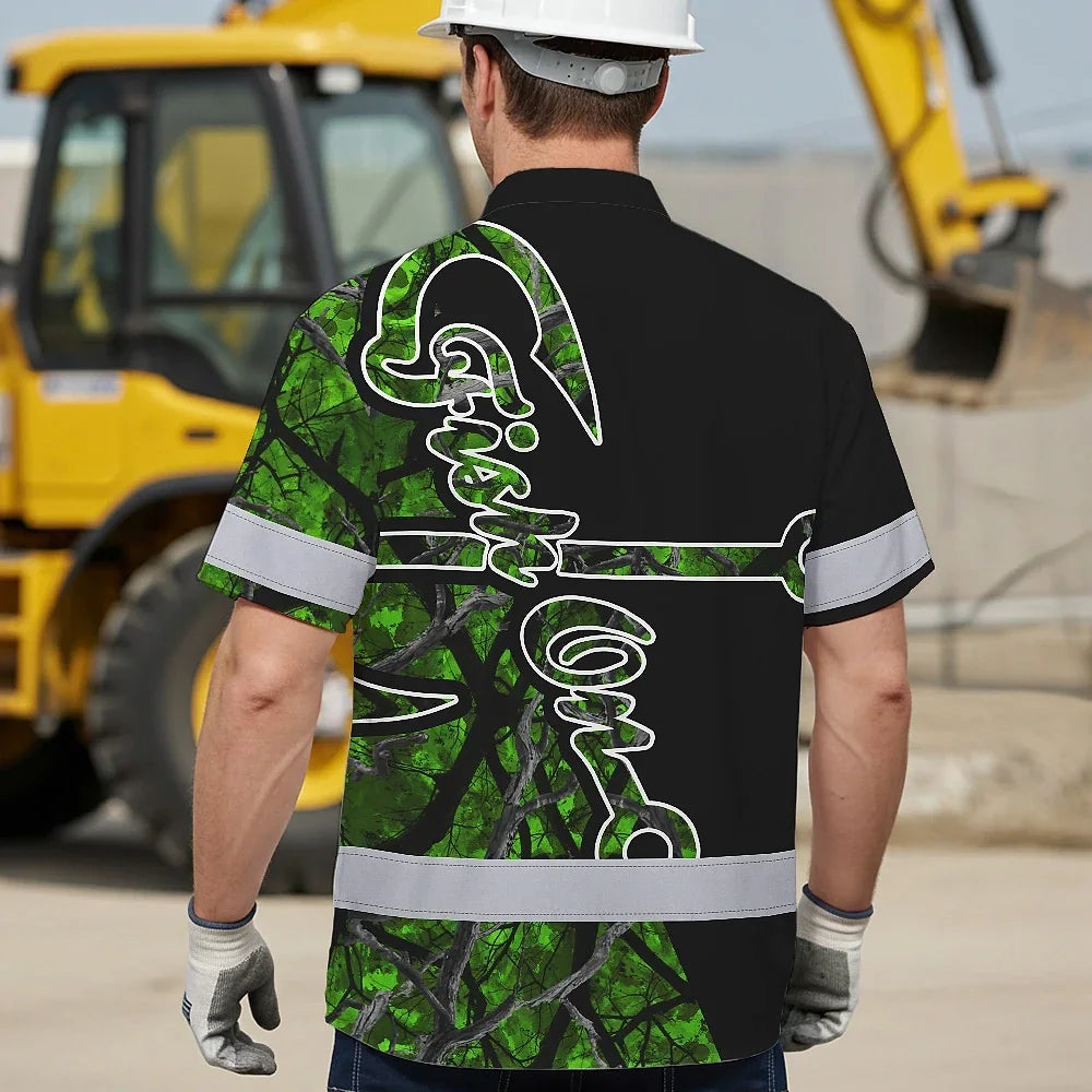 Hi Vis Hawaiian Shirt Reflective Tapes Green Bass Fish Fishing Safety Workwear For Fishing Lovers Workers, Runners, Cyclists, Trucker, Operator, Patriotic