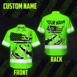 Hi Vis Hawaiian Shirt Reflective Tapes Green Bass Fish Fishing Safety Workwear For Fishing Lovers Workers, Runners, Cyclists, Trucker, Operator, Patriotic