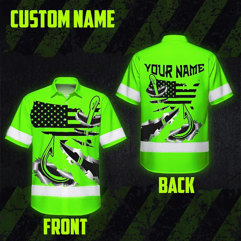 Hi Vis Hawaiian Shirt Reflective Tapes Green Bass Fish Fishing Safety Workwear For Fishing Lovers Workers, Runners, Cyclists, Trucker, Operator, Patriotic