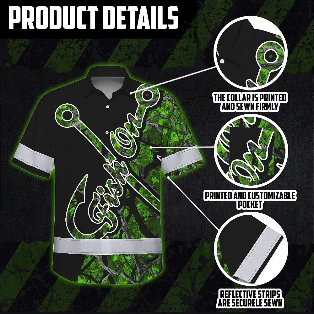 Hi Vis Hawaiian Shirt Reflective Tapes Green Bass Fish Fishing Safety Workwear For Fishing Lovers Workers, Runners, Cyclists, Trucker, Operator, Patriotic