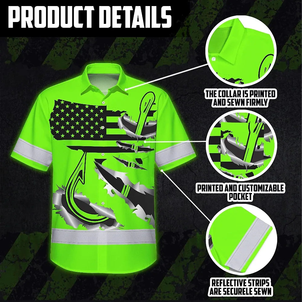 Hi Vis Hawaiian Shirt Reflective Tapes Green Bass Fish Fishing Safety Workwear For Fishing Lovers Workers, Runners, Cyclists, Trucker, Operator, Patriotic