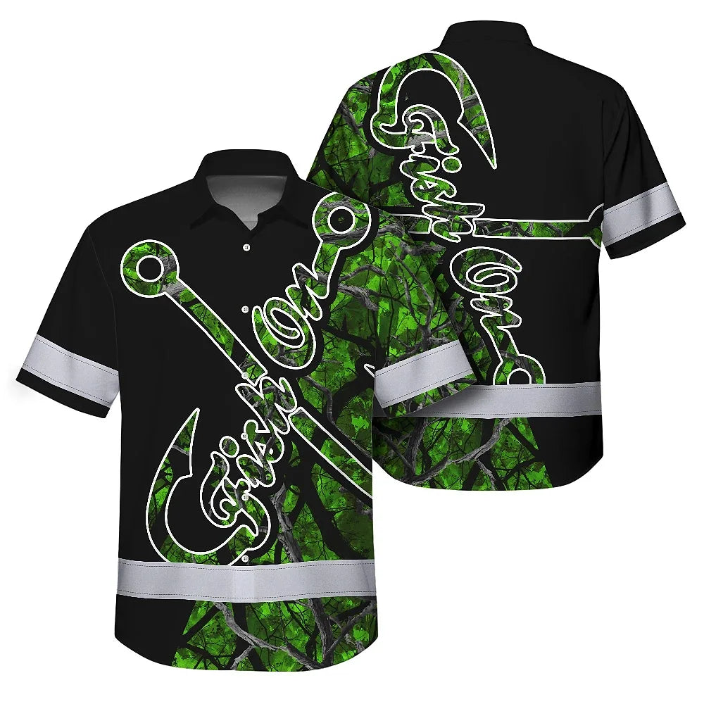Hi Vis Hawaiian Shirt Reflective Tapes Green Bass Fish Fishing Safety Workwear For Fishing Lovers Workers, Runners, Cyclists, Trucker, Operator, Patriotic