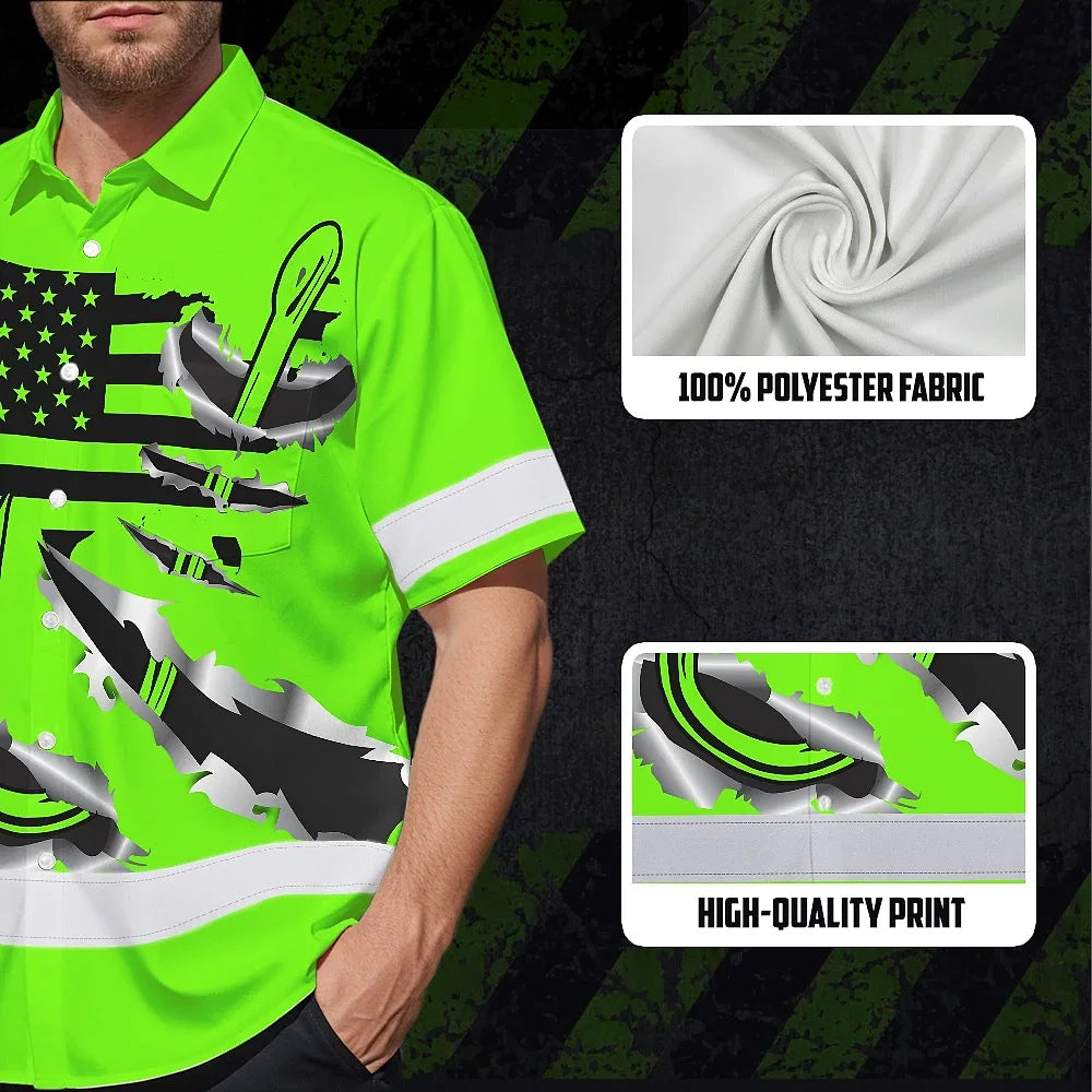 Hi Vis Hawaiian Shirt Reflective Tapes Green Bass Fish Fishing Safety Workwear For Fishing Lovers Workers, Runners, Cyclists, Trucker, Operator, Patriotic