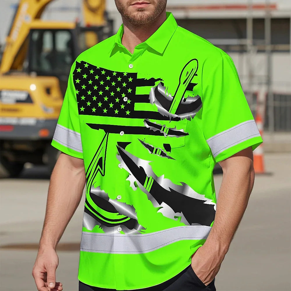 Hi Vis Hawaiian Shirt Reflective Tapes Green Bass Fish Fishing Safety Workwear For Fishing Lovers Workers, Runners, Cyclists, Trucker, Operator, Patriotic