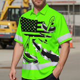 Hi Vis Hawaiian Shirt Reflective Tapes Green Bass Fish Fishing Safety Workwear For Fishing Lovers Workers, Runners, Cyclists, Trucker, Operator, Patriotic