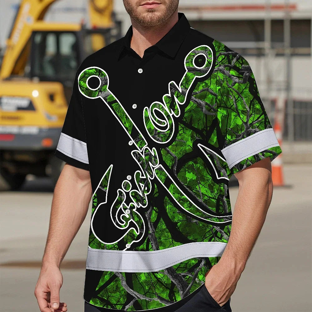 Hi Vis Hawaiian Shirt Reflective Tapes Green Bass Fish Fishing Safety Workwear For Fishing Lovers Workers, Runners, Cyclists, Trucker, Operator, Patriotic
