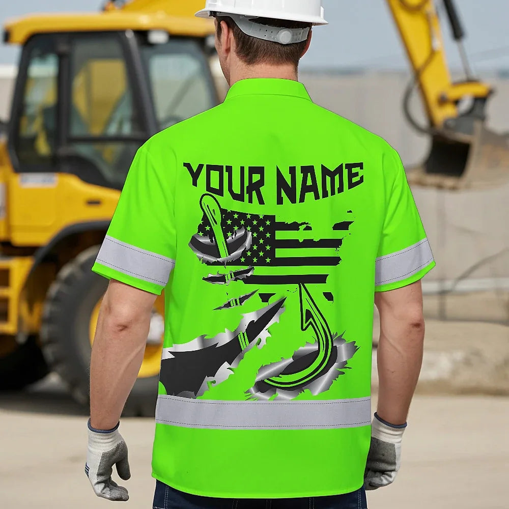 Hi Vis Hawaiian Shirt Reflective Tapes Green Bass Fish Fishing Safety Workwear For Fishing Lovers Workers, Runners, Cyclists, Trucker, Operator, Patriotic