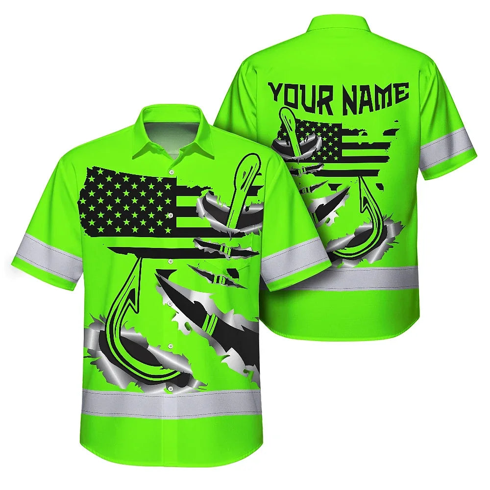 Hi Vis Hawaiian Shirt Reflective Tapes Green Bass Fish Fishing Safety Workwear For Fishing Lovers Workers, Runners, Cyclists, Trucker, Operator, Patriotic