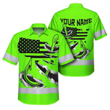 Hi Vis Hawaiian Shirt Reflective Tapes Green Bass Fish Fishing Safety Workwear For Fishing Lovers Workers, Runners, Cyclists, Trucker, Operator, Patriotic