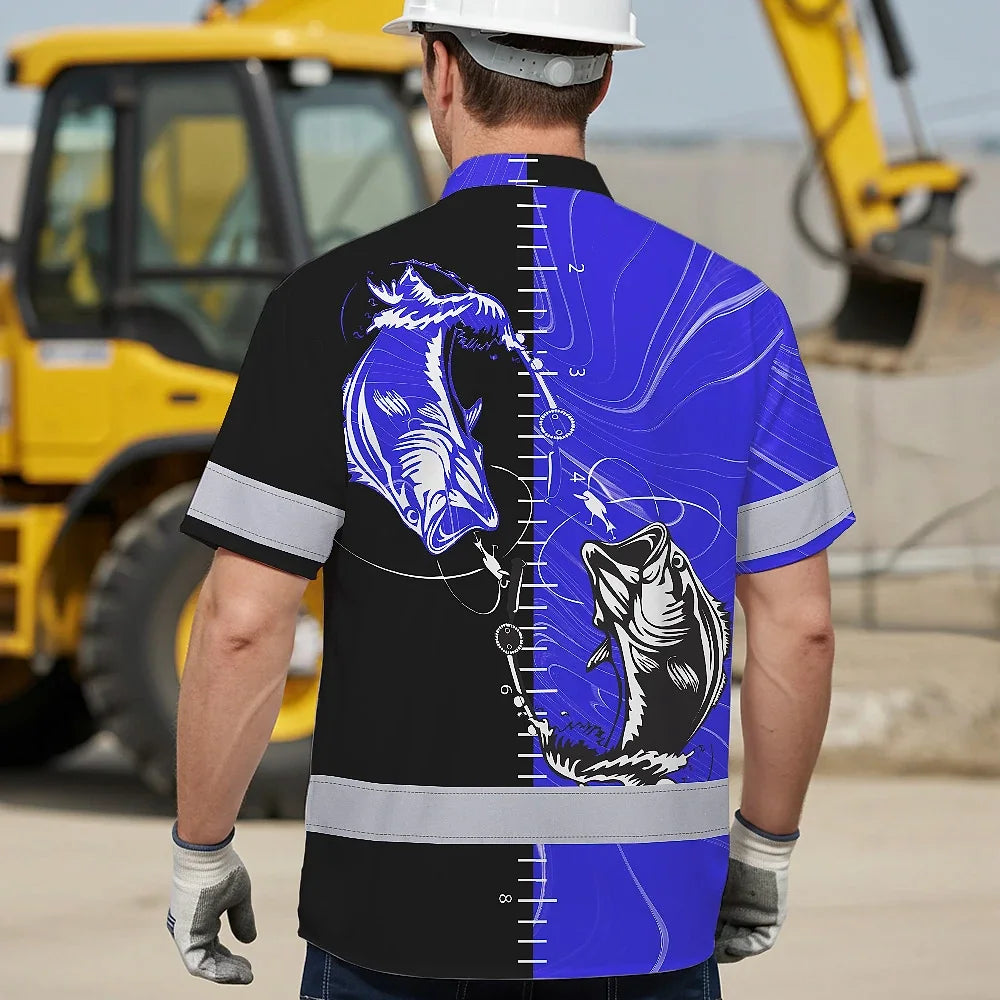 Hi Vis Hawaiian Shirt Reflective Tapes Green Bass Fish Fishing US Flag Safety Workwear For Fishing Lovers Workers, Runners, Cyclists, Trucker, Operator