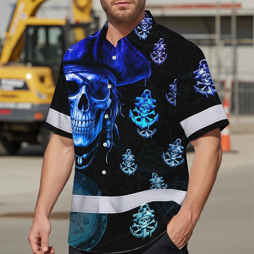 Hi Vis Hawaiian Shirt Reflective Tapes Green Black 2 Skull Boat Custom Name Safety Workwear For Workers, Truckers, Operators