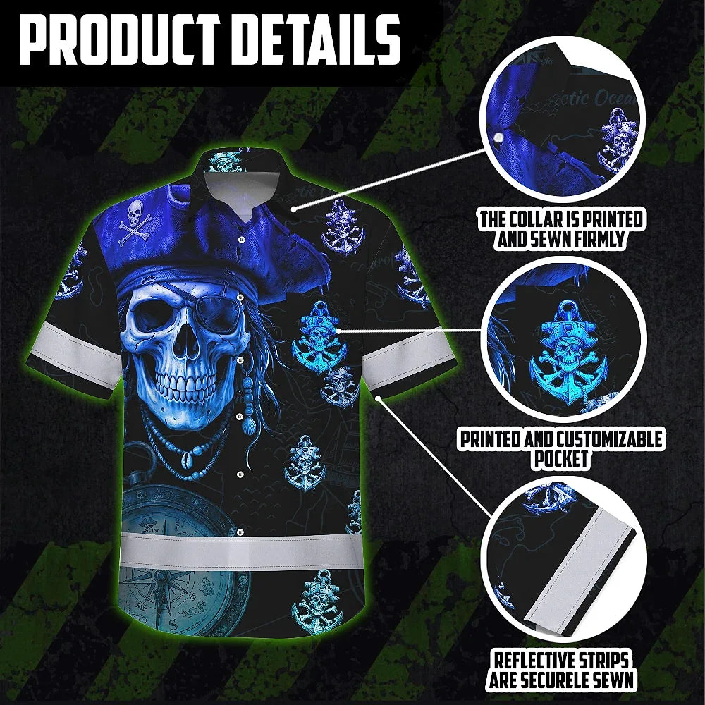 Hi Vis Hawaiian Shirt Reflective Tapes Green Black 2 Skull Boat Custom Name Safety Workwear For Workers, Truckers, Operators