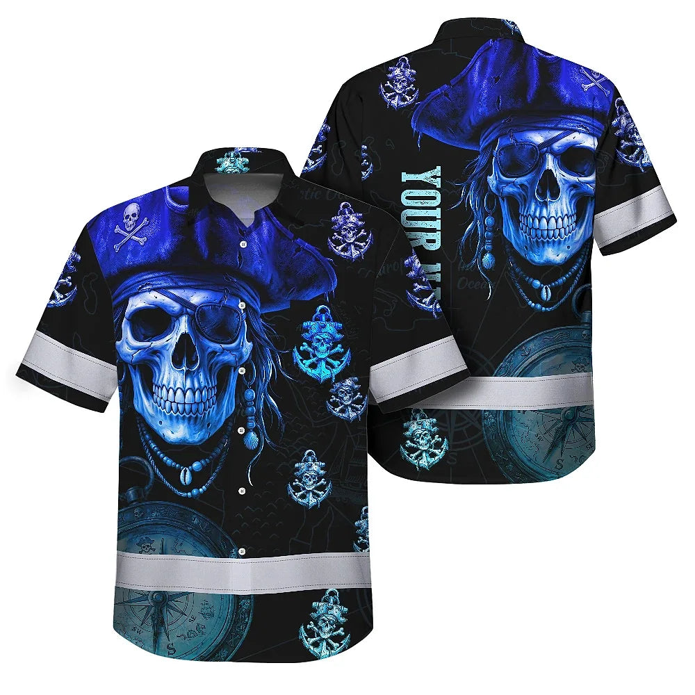 Hi Vis Hawaiian Shirt Reflective Tapes Green Black 2 Skull Boat Custom Name Safety Workwear For Workers, Truckers, Operators