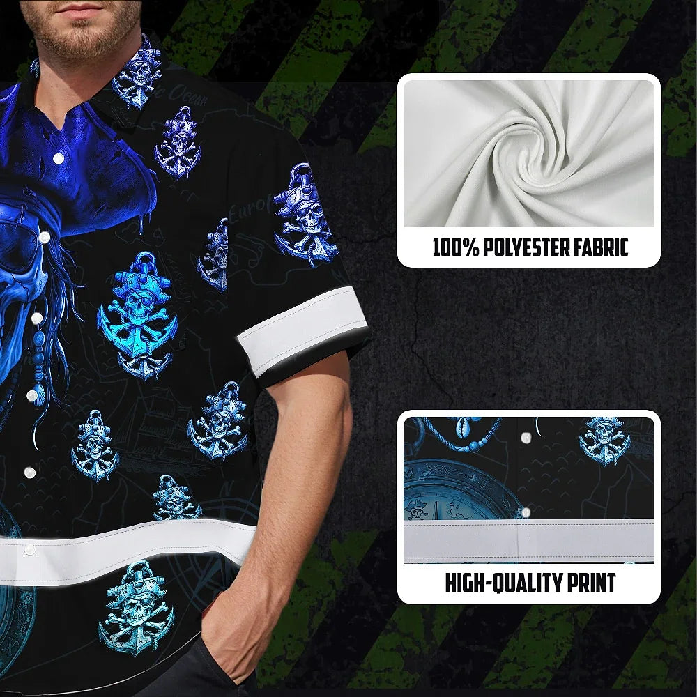 Hi Vis Hawaiian Shirt Reflective Tapes Green Black 2 Skull Boat Custom Name Safety Workwear For Workers, Truckers, Operators