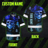 Hi Vis Hawaiian Shirt Reflective Tapes Green Black 2 Skull Boat Custom Name Safety Workwear For Workers, Truckers, Operators