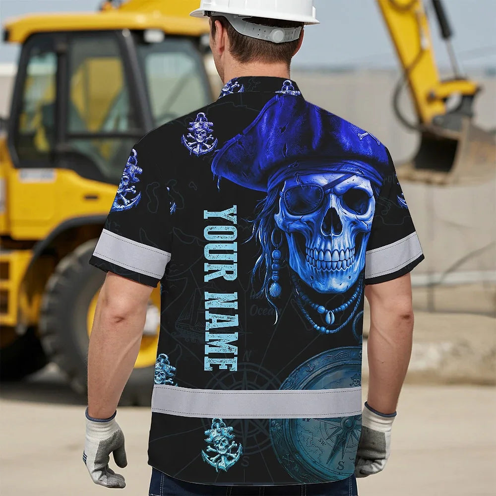 Hi Vis Hawaiian Shirt Reflective Tapes Green Black 2 Skull Boat Custom Name Safety Workwear For Workers, Truckers, Operators