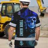 Hi Vis Hawaiian Shirt Reflective Tapes Green Black 2 Skull Boat Custom Name Safety Workwear For Workers, Truckers, Operators