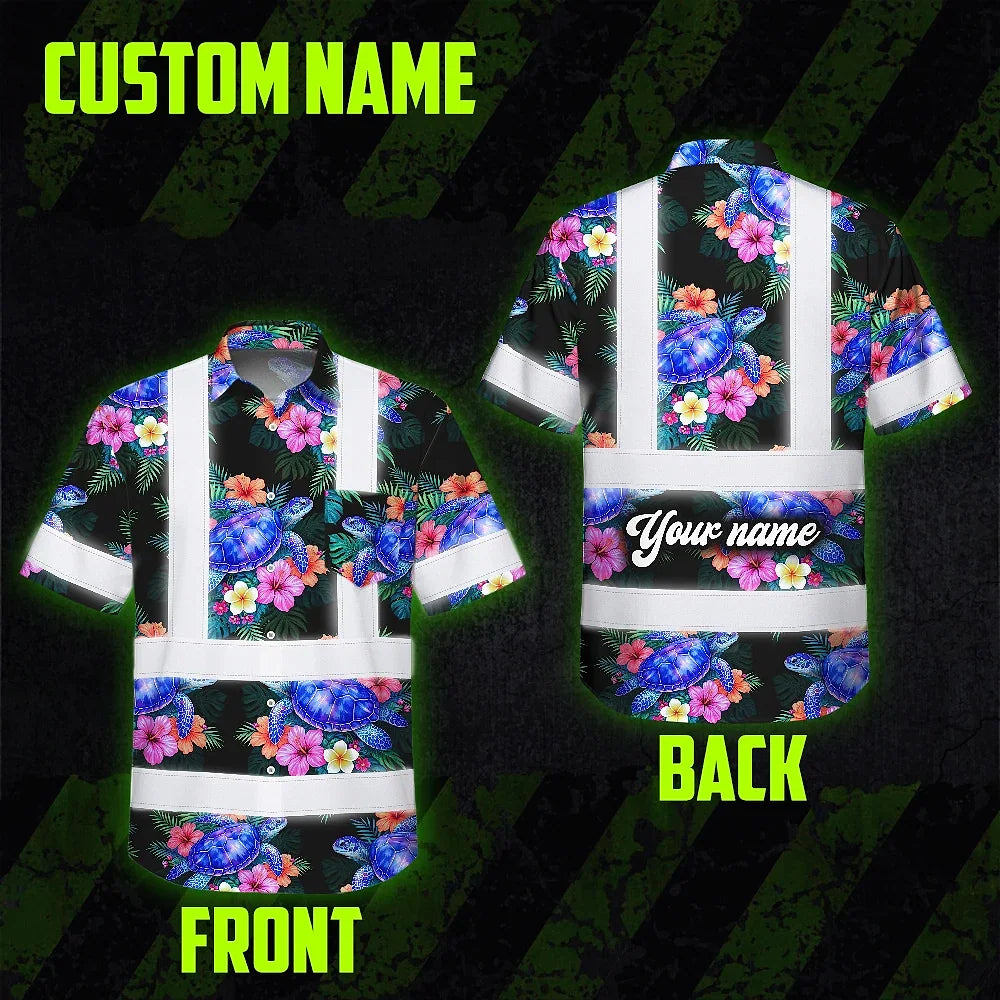 Hi Vis Hawaiian Shirt Reflective Tapes Green Black Flowers Turtle Custom Name Safety Workwear For Workers, Truckers, Operators, Company