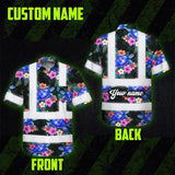 Hi Vis Hawaiian Shirt Reflective Tapes Green Black Flowers Turtle Custom Name Safety Workwear For Workers, Truckers, Operators, Company