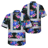 Hi Vis Hawaiian Shirt Reflective Tapes Green Black Flowers Turtle Custom Name Safety Workwear For Workers, Truckers, Operators, Company