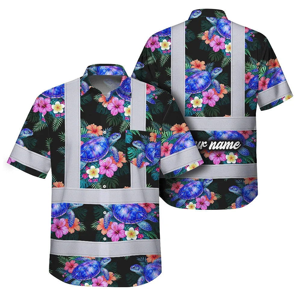 Hi Vis Hawaiian Shirt Reflective Tapes Green Black Flowers Turtle Custom Name Safety Workwear For Workers, Truckers, Operators, Company