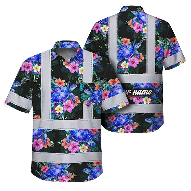 Green Black Flowers Turtle Hi-Vis Hawaiian Shirt