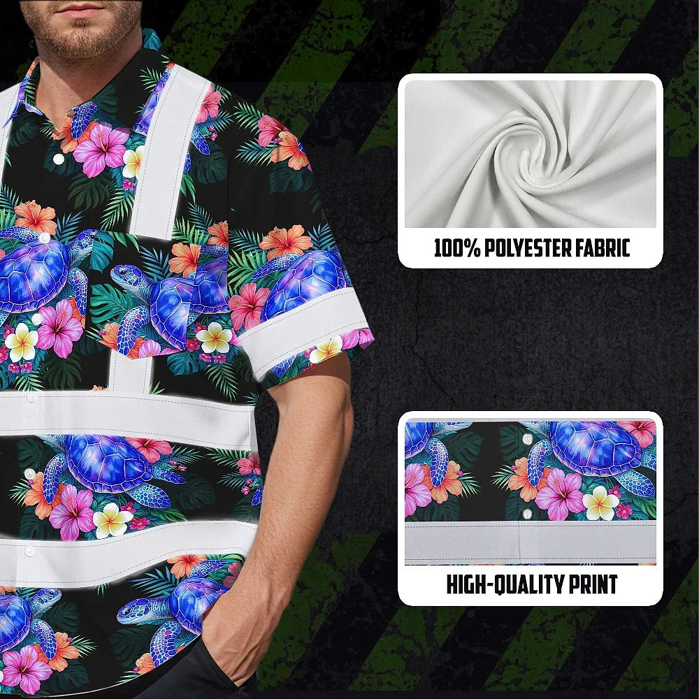 Hi Vis Hawaiian Shirt Reflective Tapes Green Black Flowers Turtle Custom Name Safety Workwear For Workers, Truckers, Operators, Company